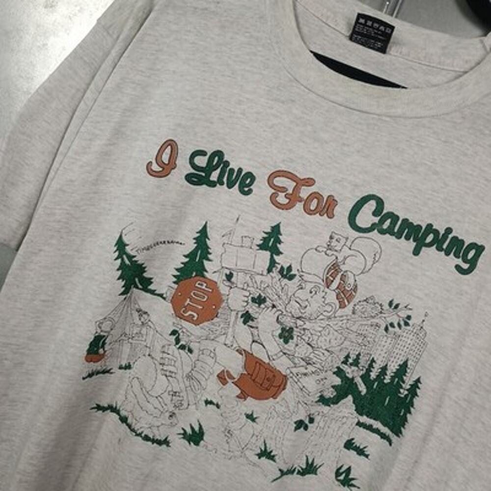 I Live For Camping Vintage 80s 50/50 Blend Paper Thin Shirt XL Outdoor Hiking